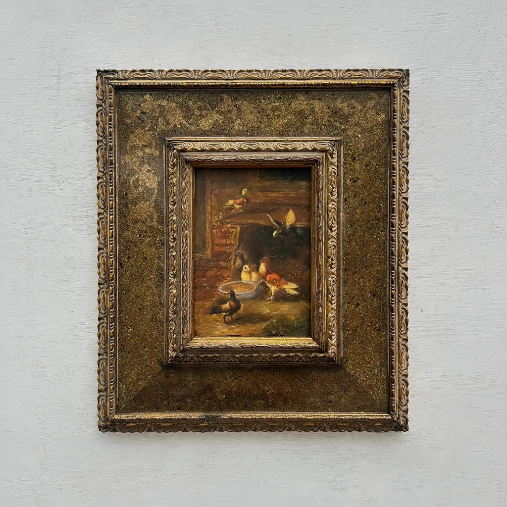 Hand Painted European Farmyard Ducks Oil Painting in Ornate Vintage Frame (12.6 × 14.6 inches) - Vintage Oil Painting - Arden Gallery
