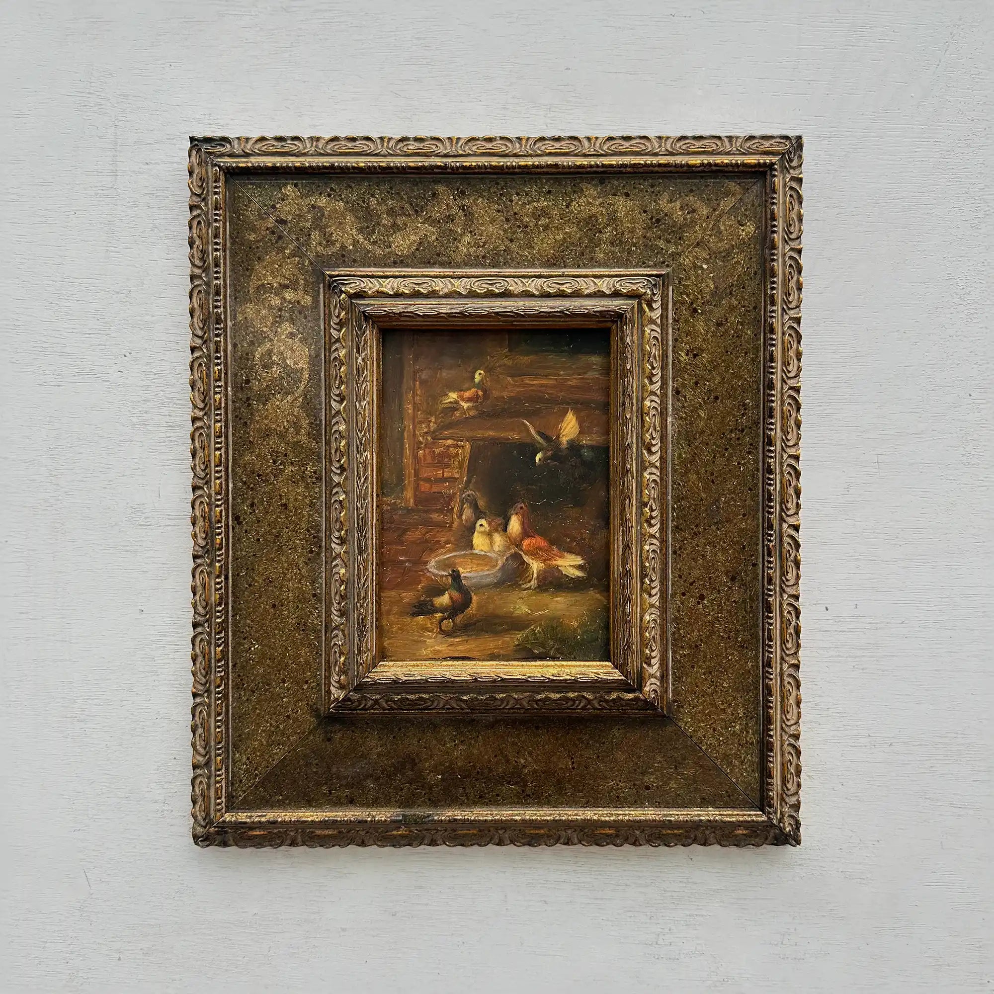 Hand Painted European Farmyard Ducks Oil Painting in Ornate Vintage Frame (12.6 × 14.6 inches) - Vintage Oil Painting - Arden Gallery