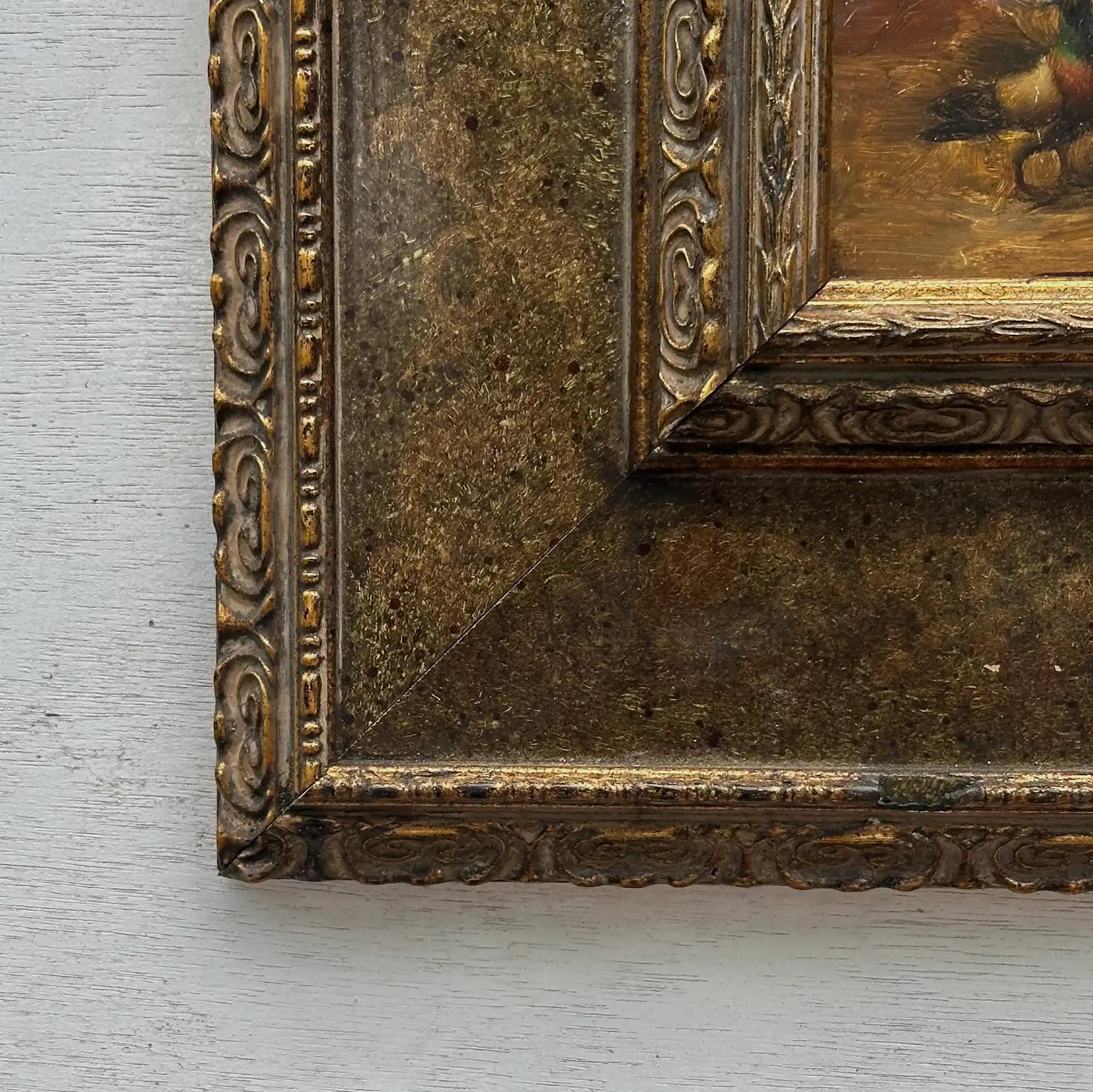 Hand Painted European Farmyard Ducks Oil Painting in Ornate Vintage Frame (12.6 × 14.6 inches) - Vintage Oil Painting - Arden Gallery