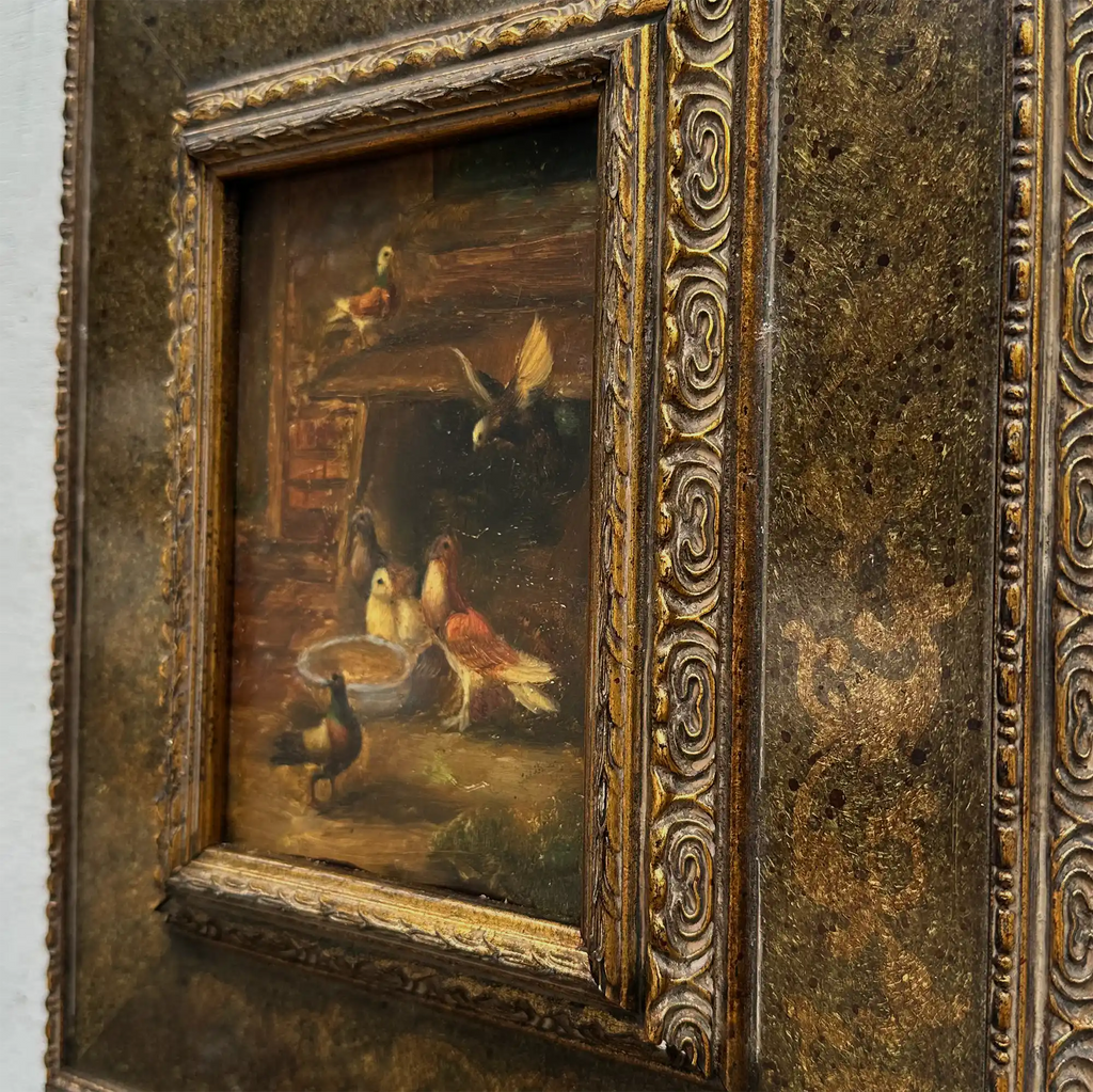 Hand Painted European Farmyard Ducks Oil Painting in Ornate Vintage Frame (12.6 × 14.6 inches) - Vintage Oil Painting - Arden Gallery