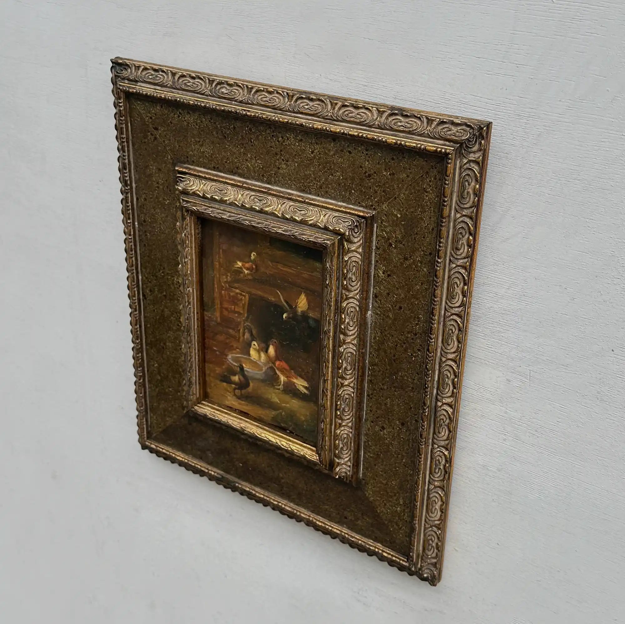 Hand Painted European Farmyard Ducks Oil Painting in Ornate Vintage Frame (12.6 × 14.6 inches) - Vintage Oil Painting - Arden Gallery