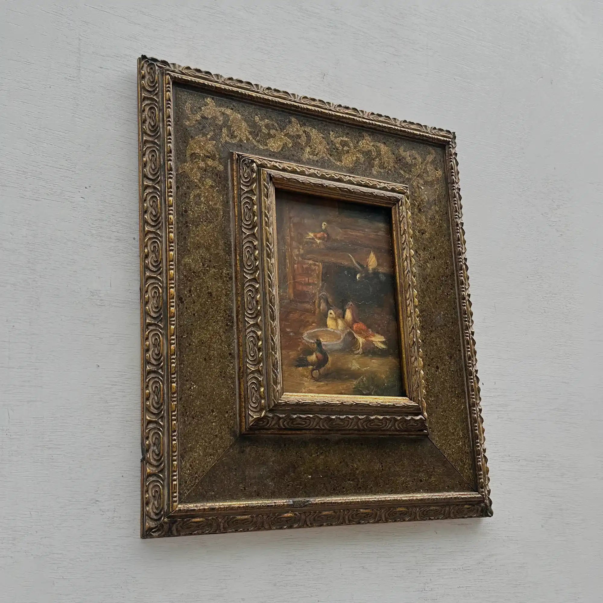 Hand Painted European Farmyard Ducks Oil Painting in Ornate Vintage Frame (12.6 × 14.6 inches) - Vintage Oil Painting - Arden Gallery