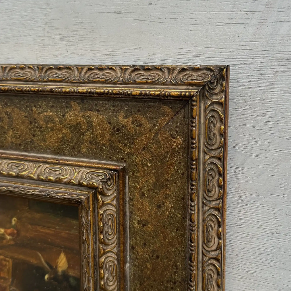 Hand Painted European Farmyard Ducks Oil Painting in Ornate Vintage Frame (12.6 × 14.6 inches) - Vintage Oil Painting - Arden Gallery