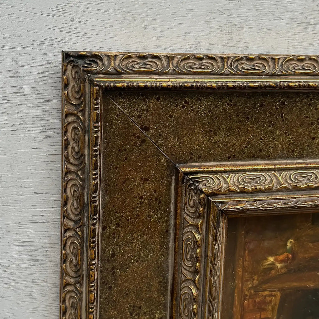 Hand Painted European Farmyard Ducks Oil Painting in Ornate Vintage Frame (12.6 × 14.6 inches) - Vintage Oil Painting - Arden Gallery