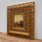Horse Market Oil Painting | Chestnut Horse & Mounted Gentleman | Gold Frame | Mid-20th C. | 21.7×23.6in - Vintage Oil Painting - Arden Gallery