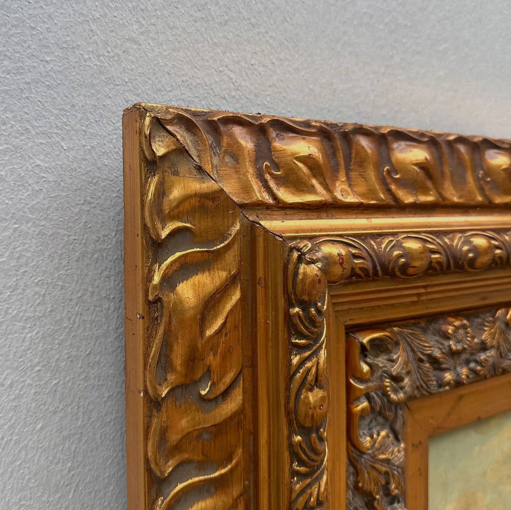 Horse Market Oil Painting | Chestnut Horse & Mounted Gentleman | Gold Frame | Mid-20th C. | 21.7×23.6in - Vintage Oil Painting - Arden Gallery