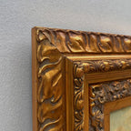 Horse Market Oil Painting | Chestnut Horse & Mounted Gentleman | Gold Frame | Mid-20th C. | 21.7×23.6in - Vintage Oil Painting - Arden Gallery