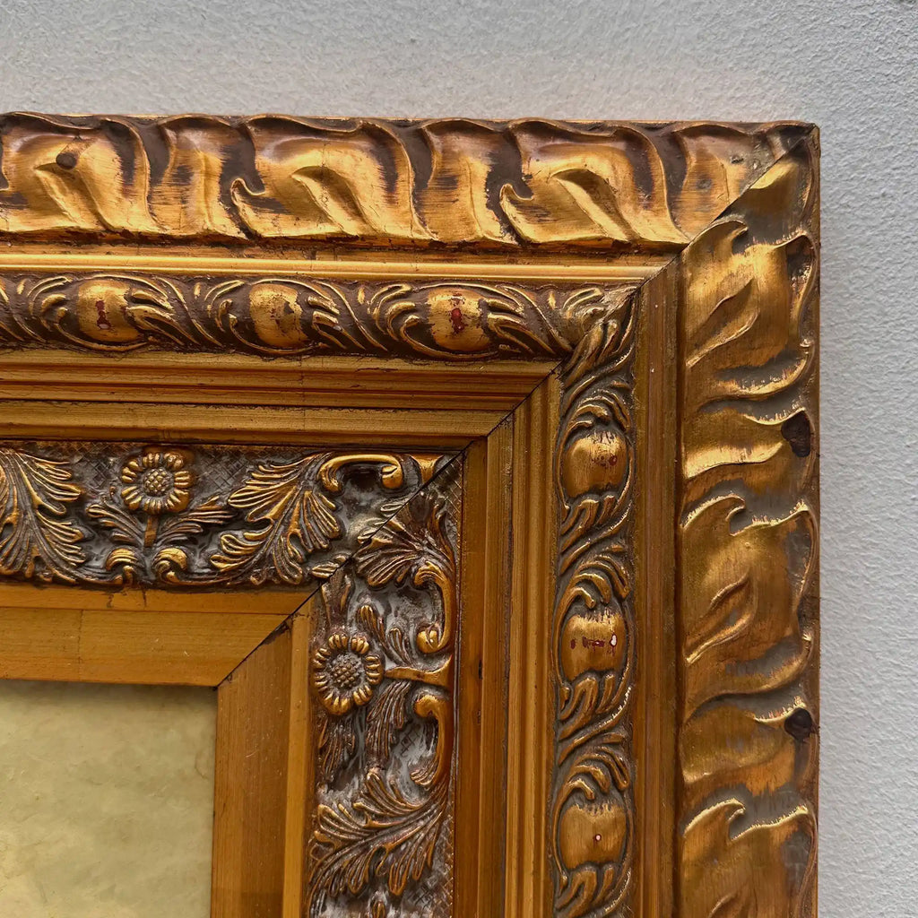 Horse Market Oil Painting | Chestnut Horse & Mounted Gentleman | Gold Frame | Mid-20th C. | 21.7×23.6in - Vintage Oil Painting - Arden Gallery
