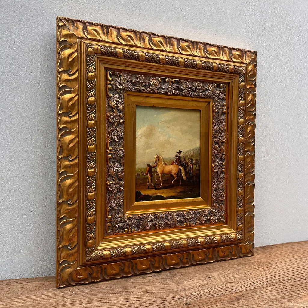 Horse Market Oil Painting | Chestnut Horse & Mounted Gentleman | Gold Frame | Mid-20th C. | 21.7×23.6in - Vintage Oil Painting - Arden Gallery