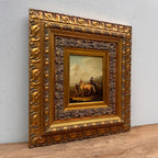 Horse Market Oil Painting | Chestnut Horse & Mounted Gentleman | Gold Frame | Mid-20th C. | 21.7×23.6in - Vintage Oil Painting - Arden Gallery