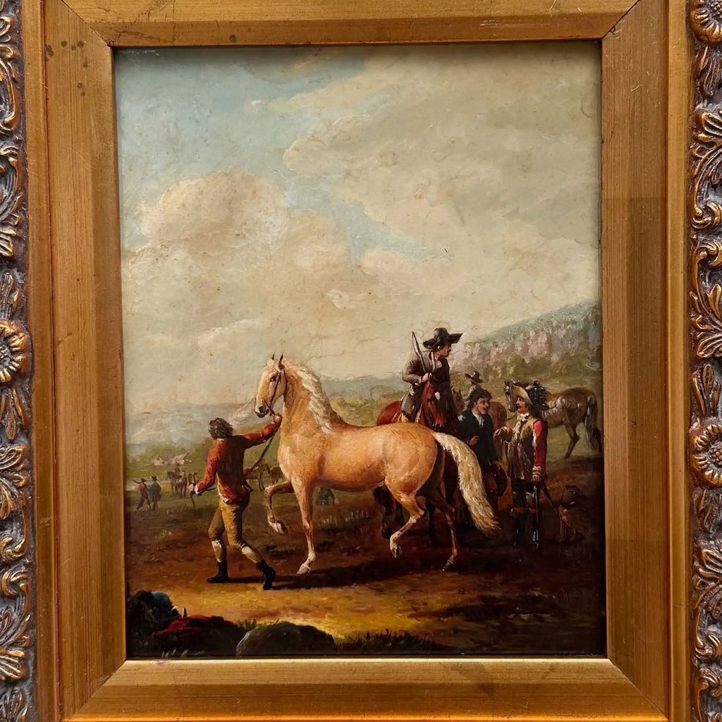 Horse Market Oil Painting | Chestnut Horse & Mounted Gentleman | Gold Frame | Mid-20th C. | 21.7×23.6in - Vintage Oil Painting - Arden Gallery