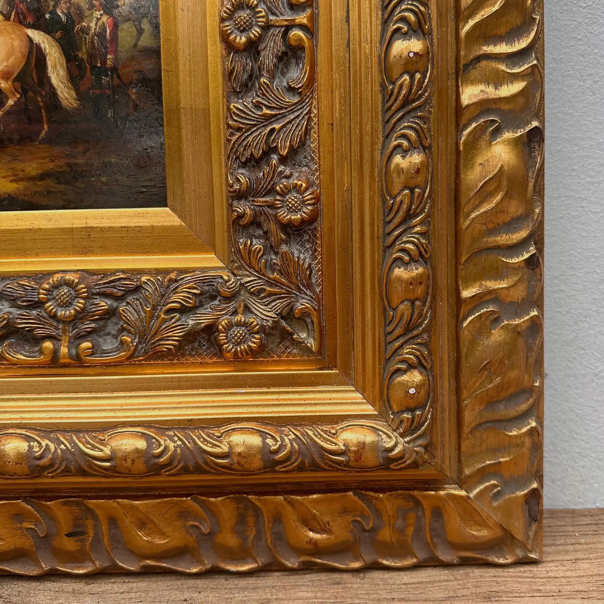 Horse Market Oil Painting | Chestnut Horse & Mounted Gentleman | Gold Frame | Mid-20th C. | 21.7×23.6in - Vintage Oil Painting - Arden Gallery