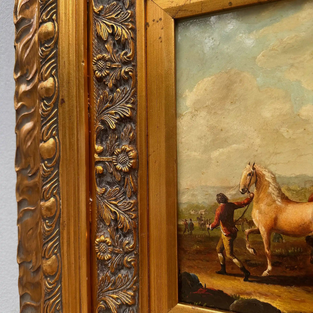 Horse Market Oil Painting | Chestnut Horse & Mounted Gentleman | Gold Frame | Mid-20th C. | 21.7×23.6in - Vintage Oil Painting - Arden Gallery
