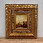 Horse Market Oil Painting | Chestnut Horse & Mounted Gentleman | Gold Frame | Mid-20th C. | 21.7×23.6in - Vintage Oil Painting - Arden Gallery
