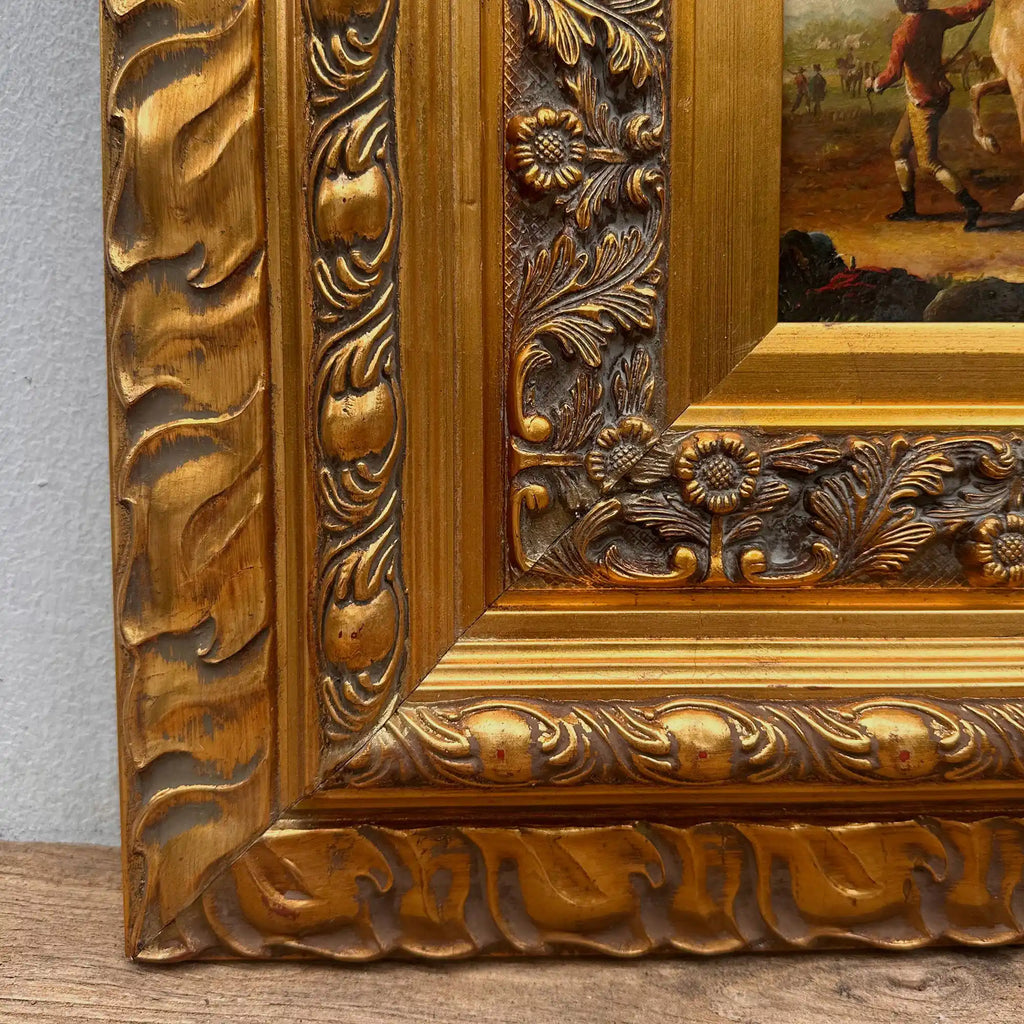 Horse Market Oil Painting | Chestnut Horse & Mounted Gentleman | Gold Frame | Mid-20th C. | 21.7×23.6in - Vintage Oil Painting - Arden Gallery