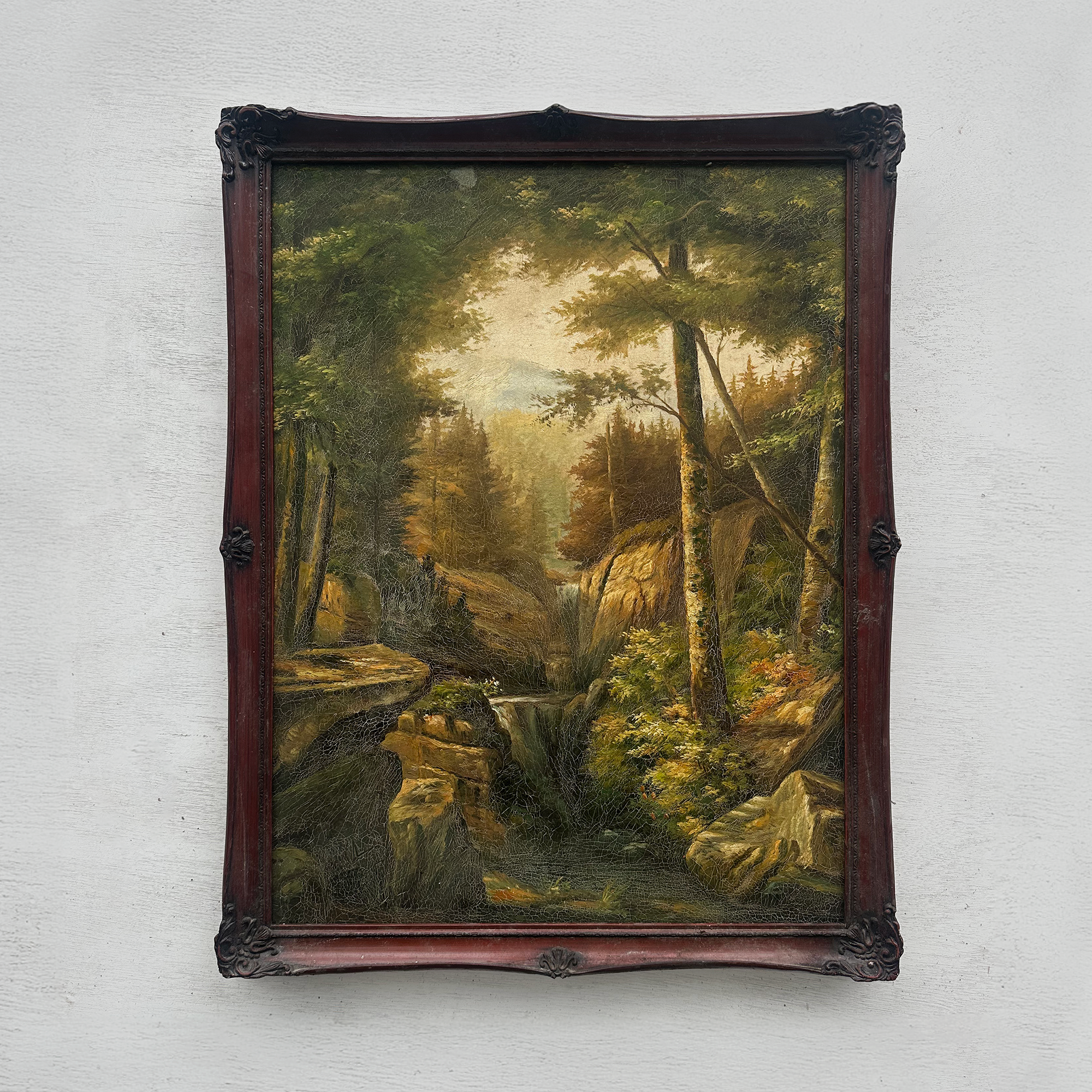 Vintage Woodland Landscape Painting, Hand Painted Forest Stream Artwork