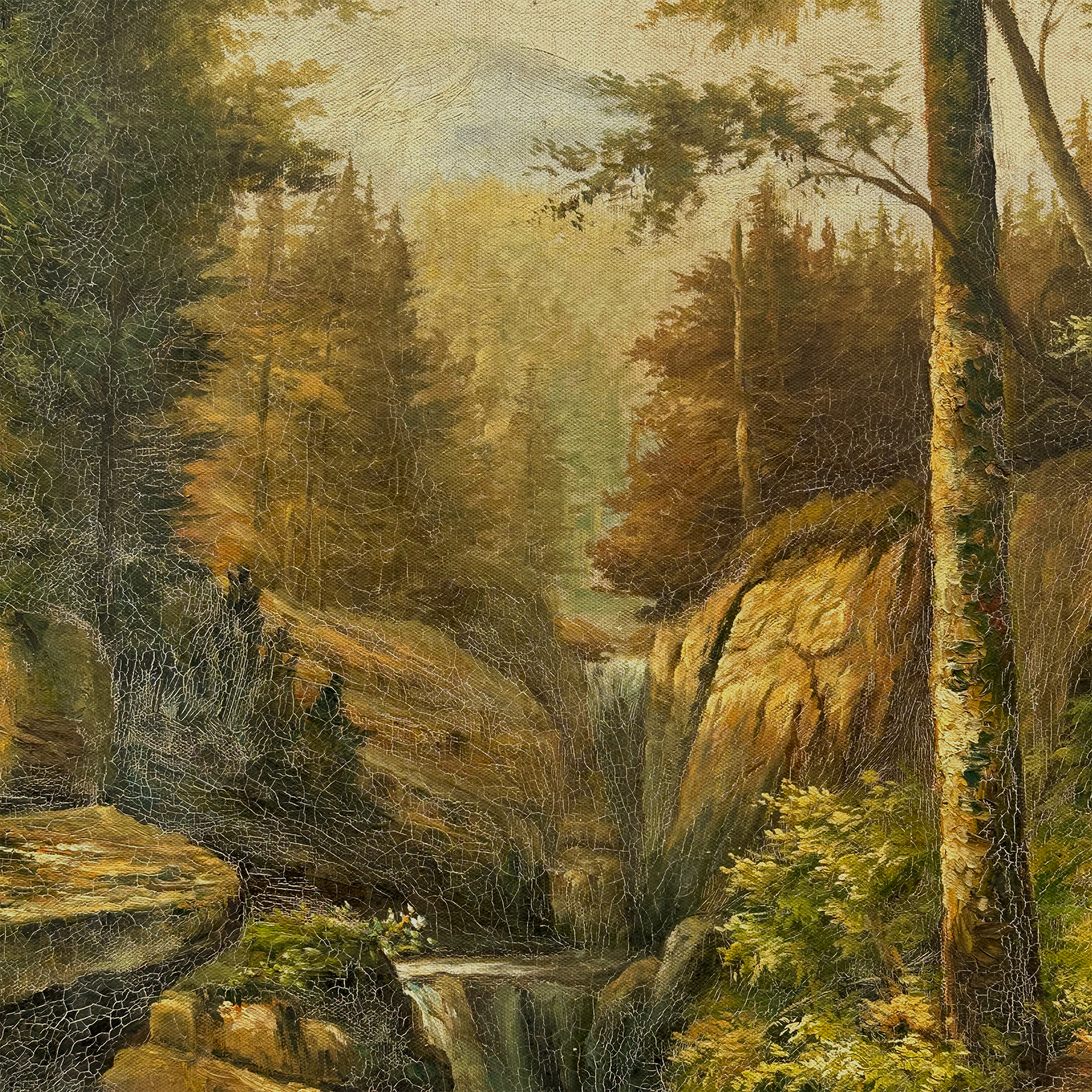 Vintage Woodland Landscape Painting, Hand Painted Forest Stream Artwork