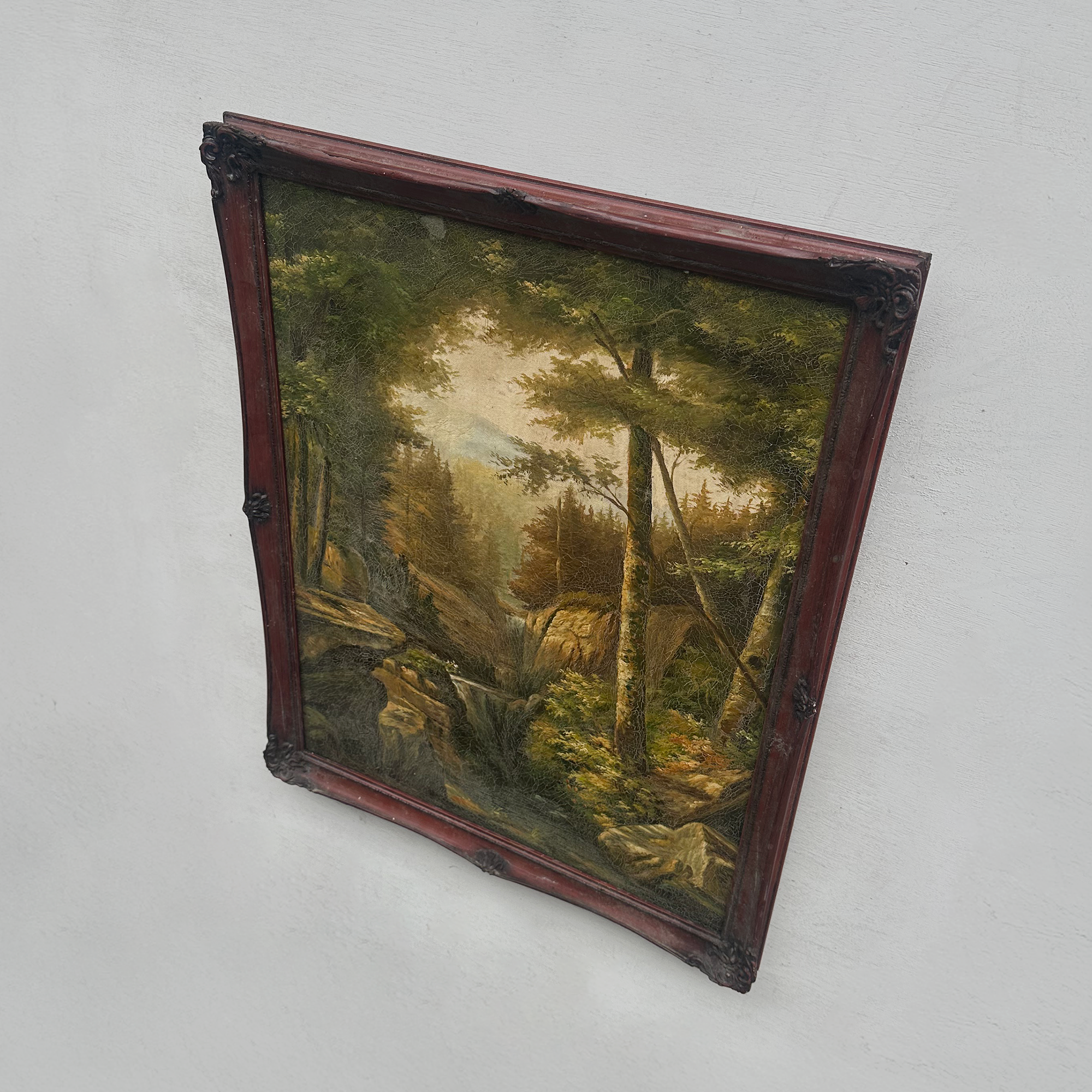 Vintage Woodland Landscape Painting, Hand Painted Forest Stream Artwork