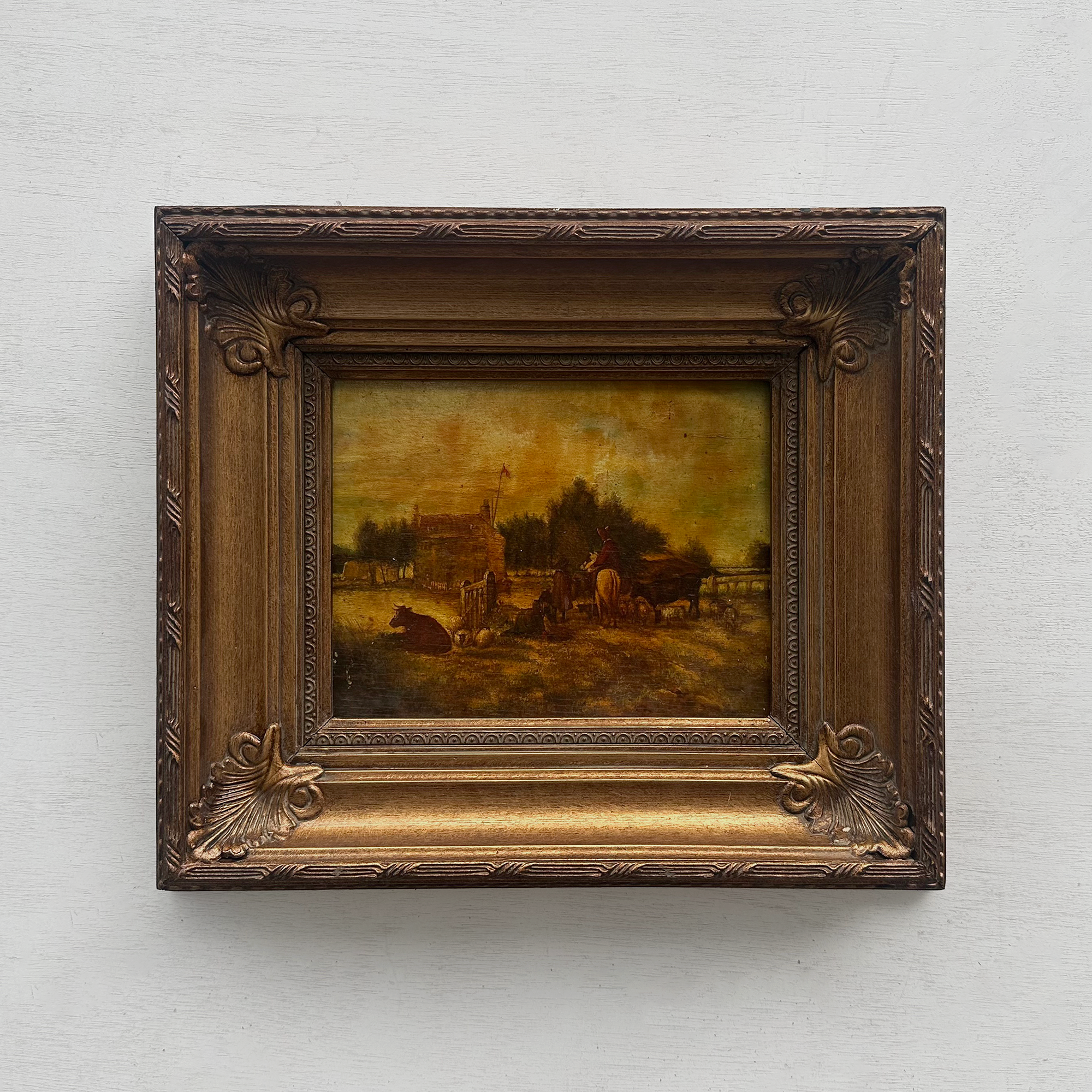 Original Framed Vintage Countryside Landscape Oil Painting, European Farmhouse and Horse Scene