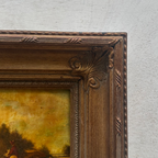Original Framed Vintage Countryside Landscape Oil Painting, European Farmhouse and Horse Scene