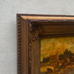 Original Framed Vintage Countryside Landscape Oil Painting, European Farmhouse and Horse Scene