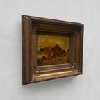 Original Framed Vintage Countryside Landscape Oil Painting, European Farmhouse and Horse Scene