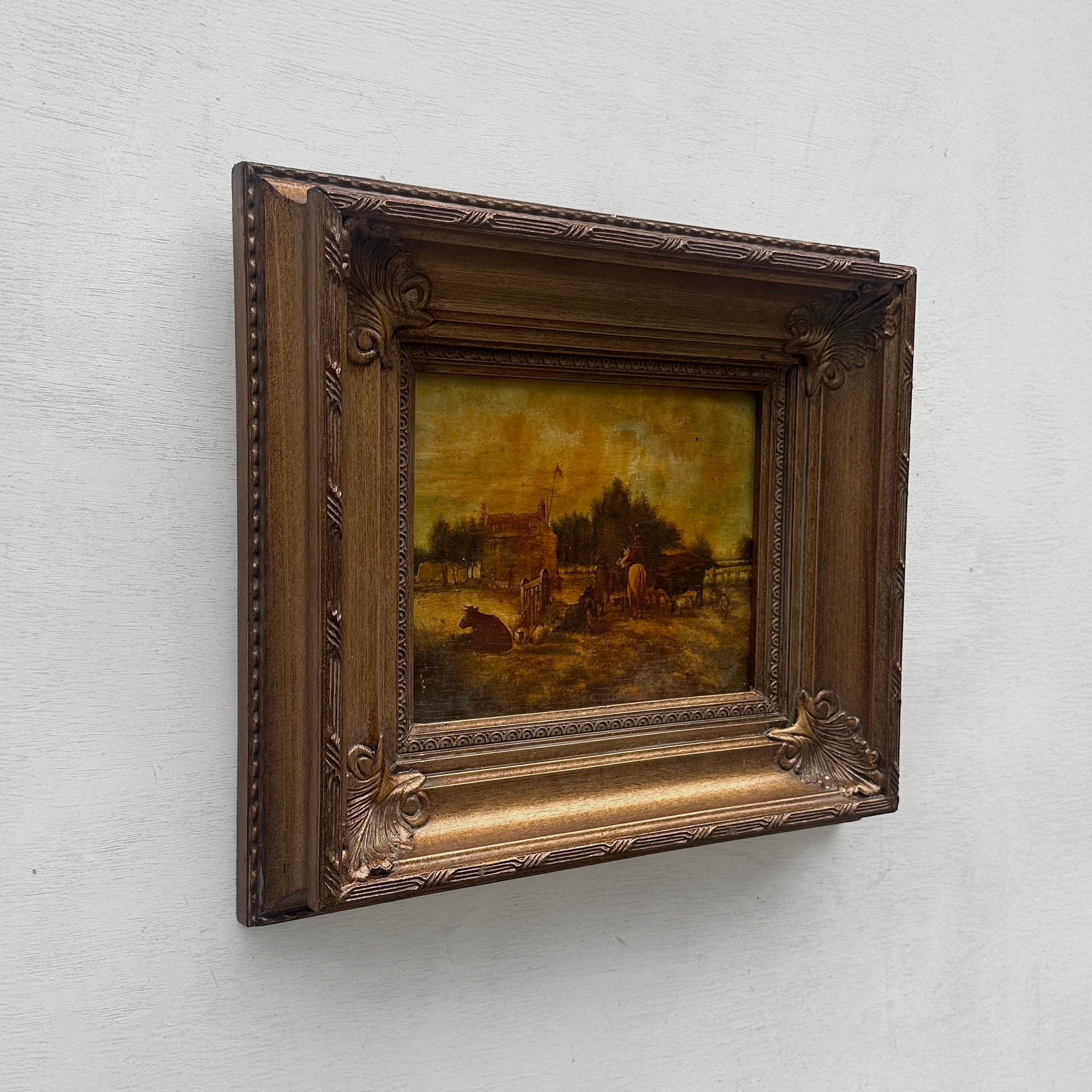 Original Framed Vintage Countryside Landscape Oil Painting, European Farmhouse and Horse Scene
