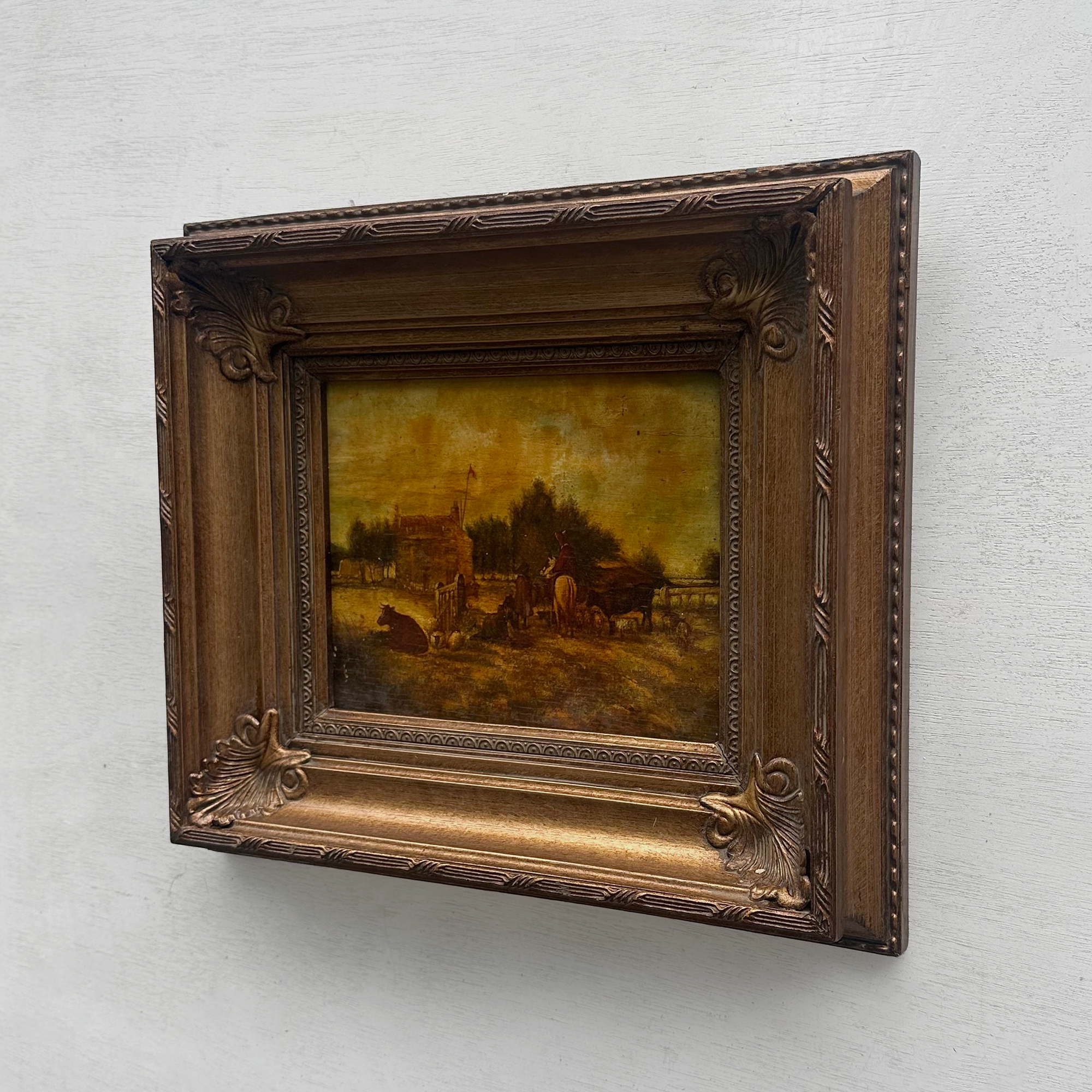 Original Framed Vintage Countryside Landscape Oil Painting, European Farmhouse and Horse Scene