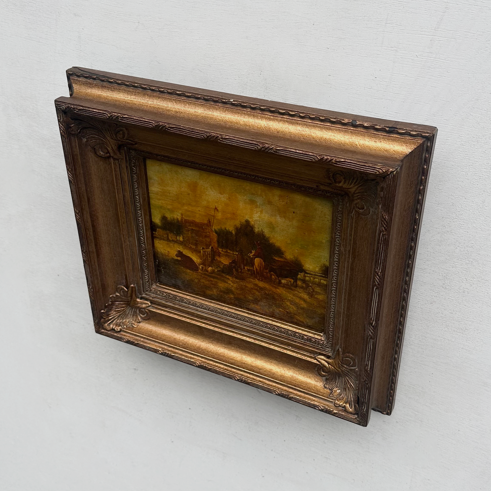 Original Framed Vintage Countryside Landscape Oil Painting, European Farmhouse and Horse Scene