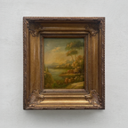Original European Landscape Painting, Oil on Wood Board in Fine Ornate Frame, One of a Kind Vintage Artwork 14.57×16.54in