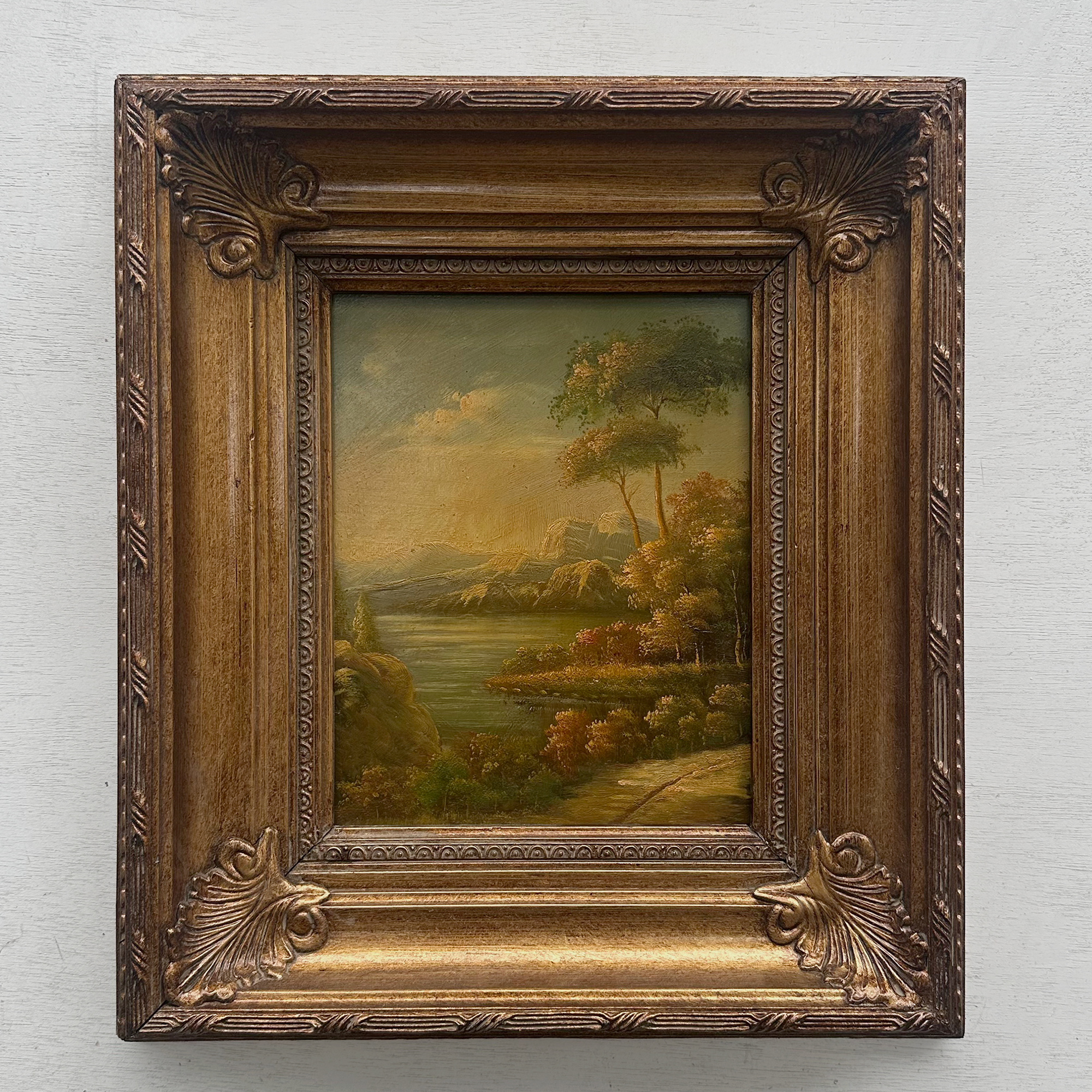 Original European Landscape Painting, Oil on Wood Board in Fine Ornate Frame, One of a Kind Vintage Artwork 14.57×16.54in
