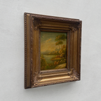 Original European Landscape Painting, Oil on Wood Board in Fine Ornate Frame, One of a Kind Vintage Artwork 14.57×16.54in