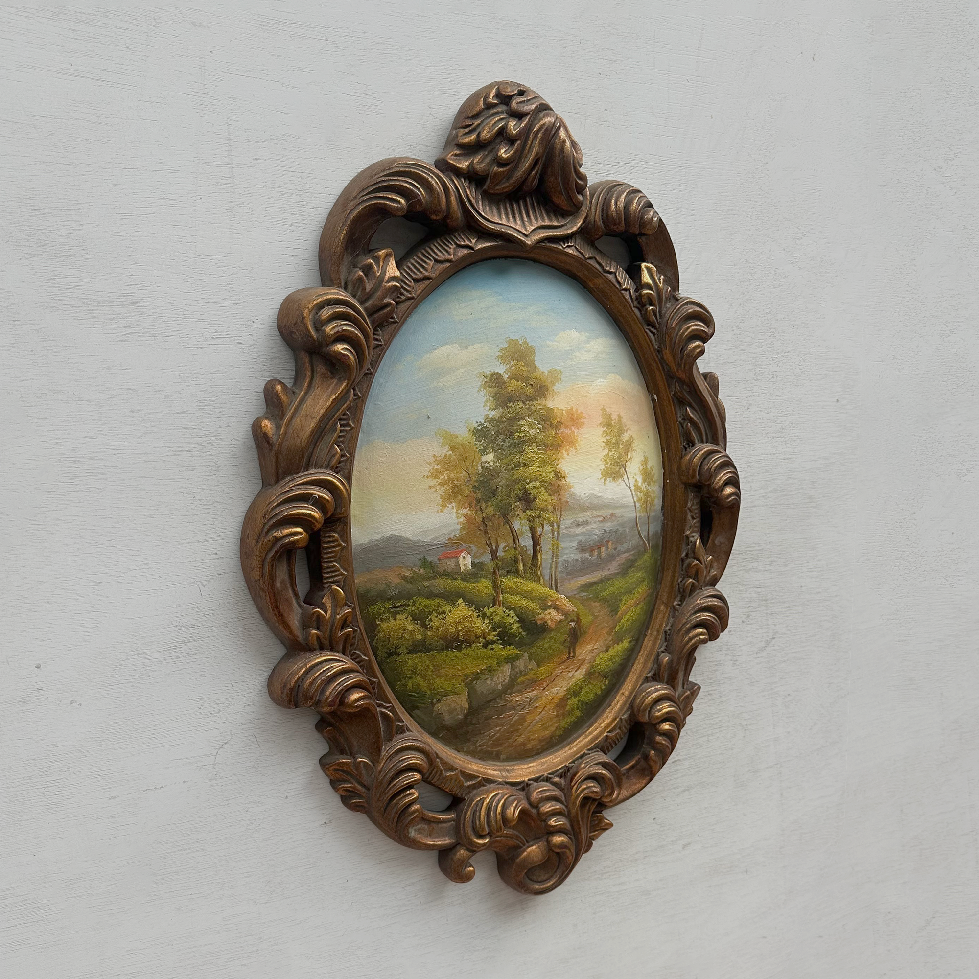 Vintage Oval Countryside Painting, European Village Landscape in Ornate Frame  ( 16.5 × 23.6 in)