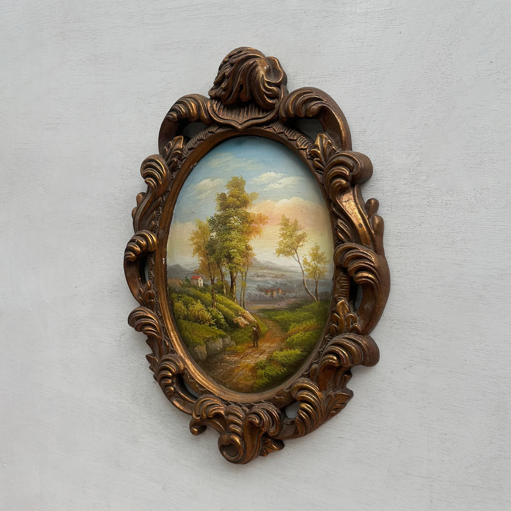 Vintage Oval Countryside Painting, European Village Landscape in Ornate Frame  ( 16.5 × 23.6 in)
