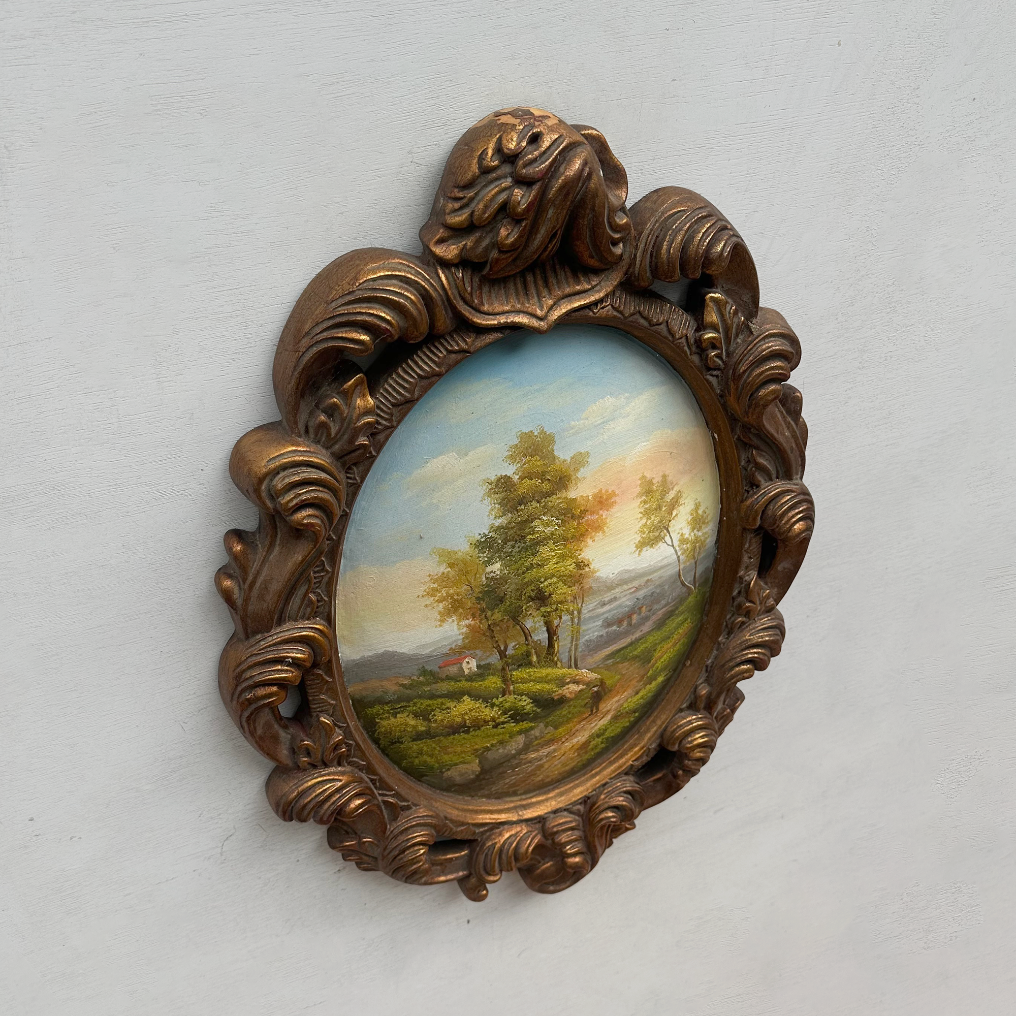 Vintage Oval Countryside Painting, European Village Landscape in Ornate Frame  ( 16.5 × 23.6 in)