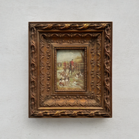Vintage Hunting Painting, European Horse and Hounds Art for Rustic Lodge Decor 32x37cm