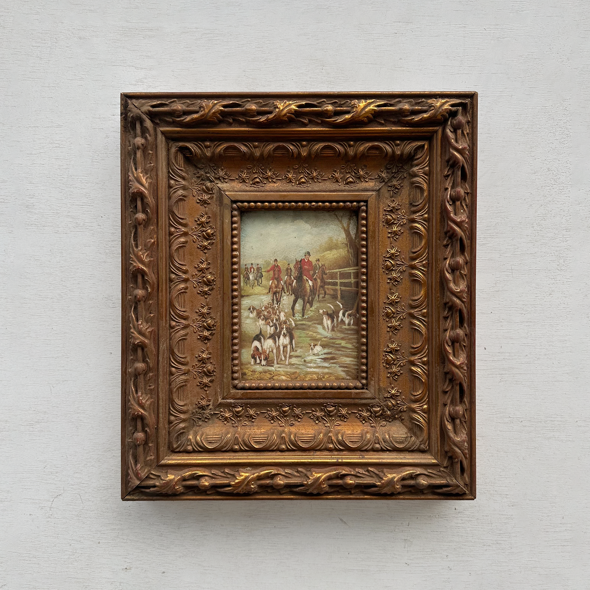 Vintage Hunting Painting, European Horse and Hounds Art for Rustic Lodge Decor 32x37cm