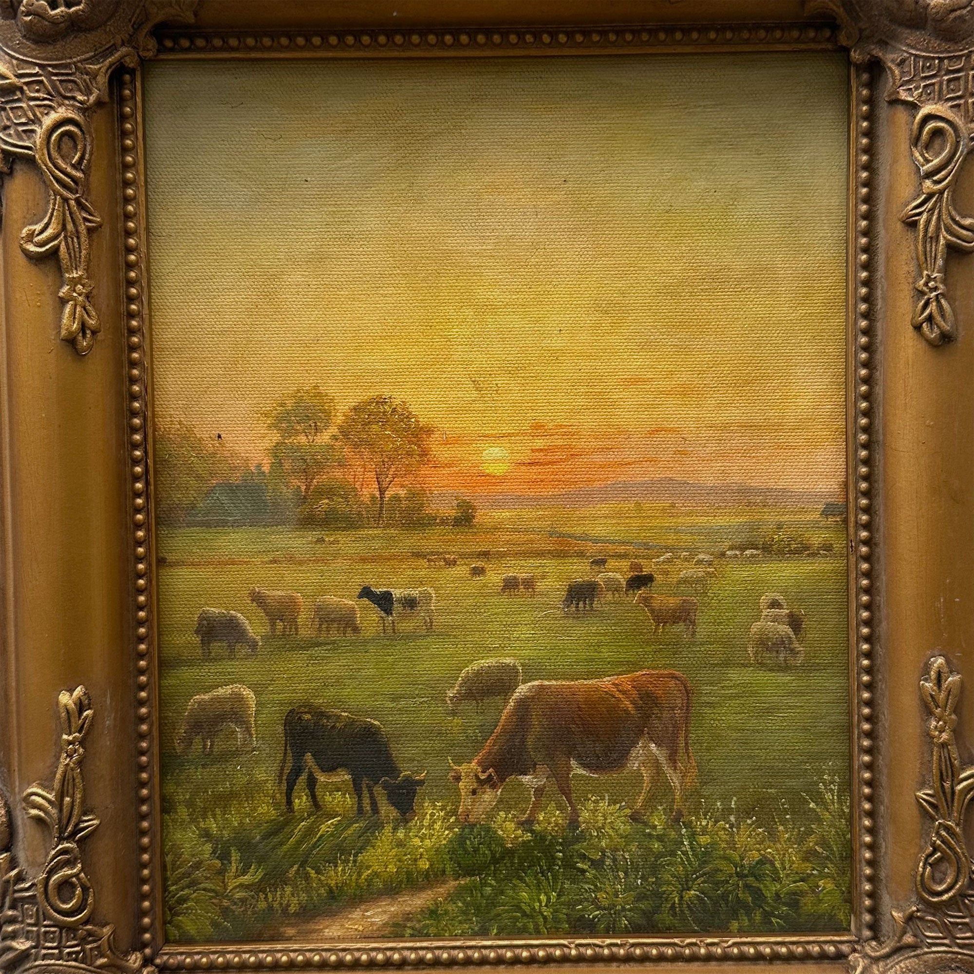 Vintage French Country Cattle Pastoral Oil Painting, Ornate Baroque Framed Farmhouse Landscape Art（副本）