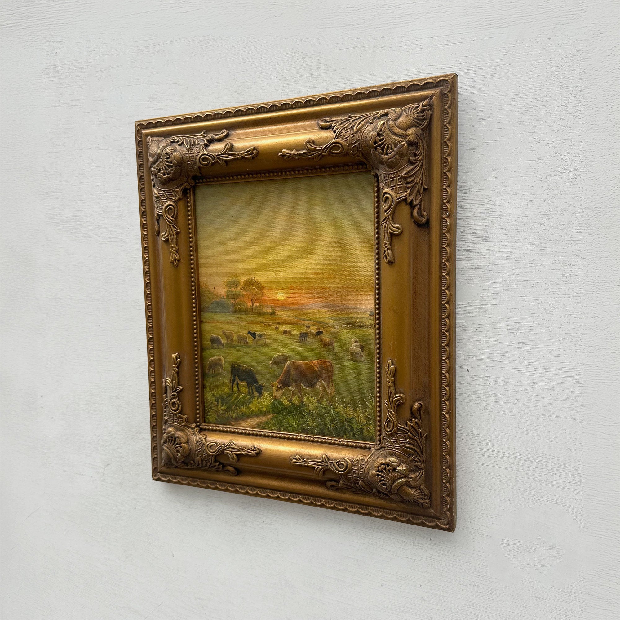 Vintage French Country Cattle Pastoral Oil Painting, Ornate Baroque Framed Farmhouse Landscape Art（副本）