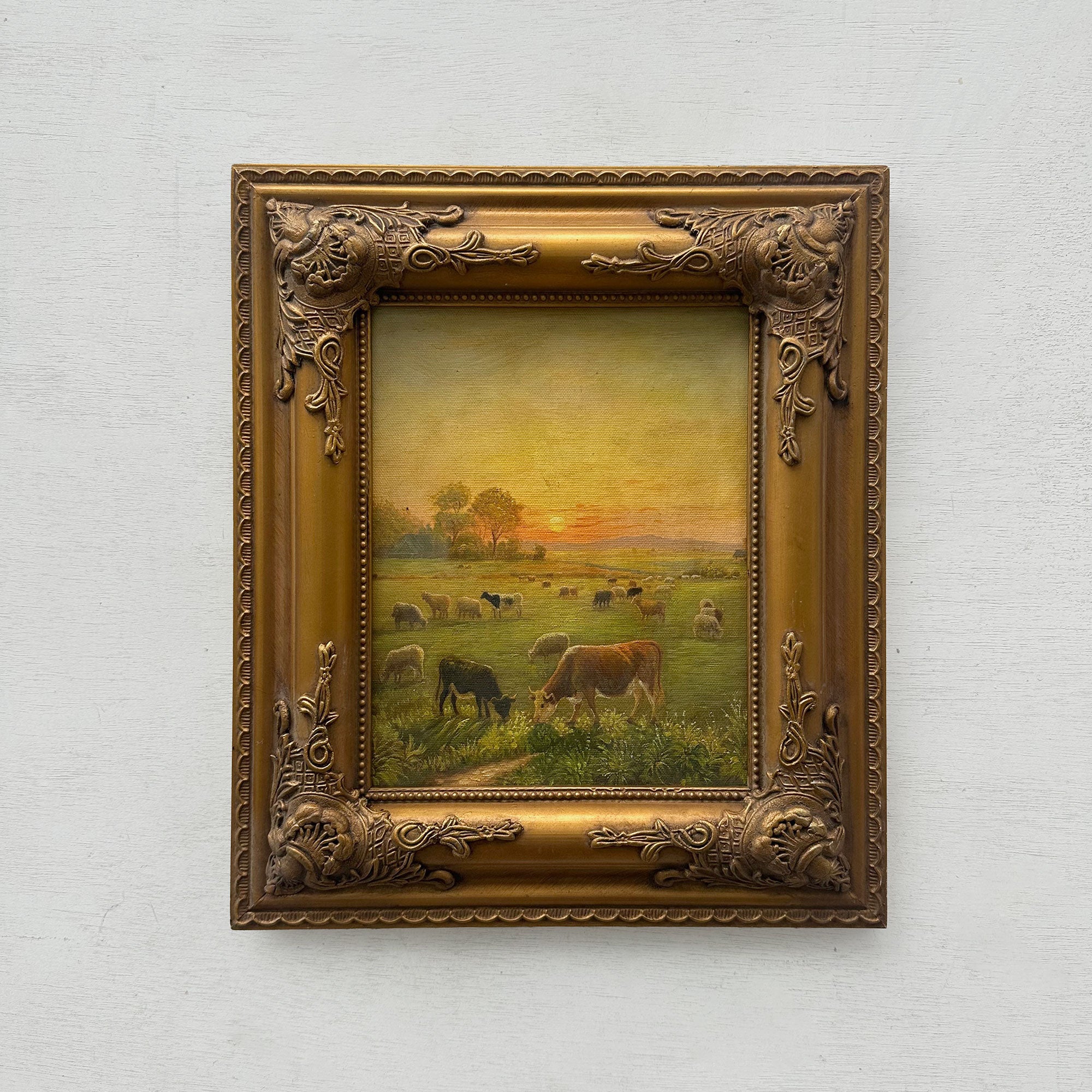 Vintage French Country Cattle Pastoral Oil Painting, Ornate Baroque Framed Farmhouse Landscape Art（副本）
