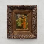 Original Belle Epoque Ladies Walking Dogs Hand-Painted Oil Painting in Heavy Baroque Gold Frame
