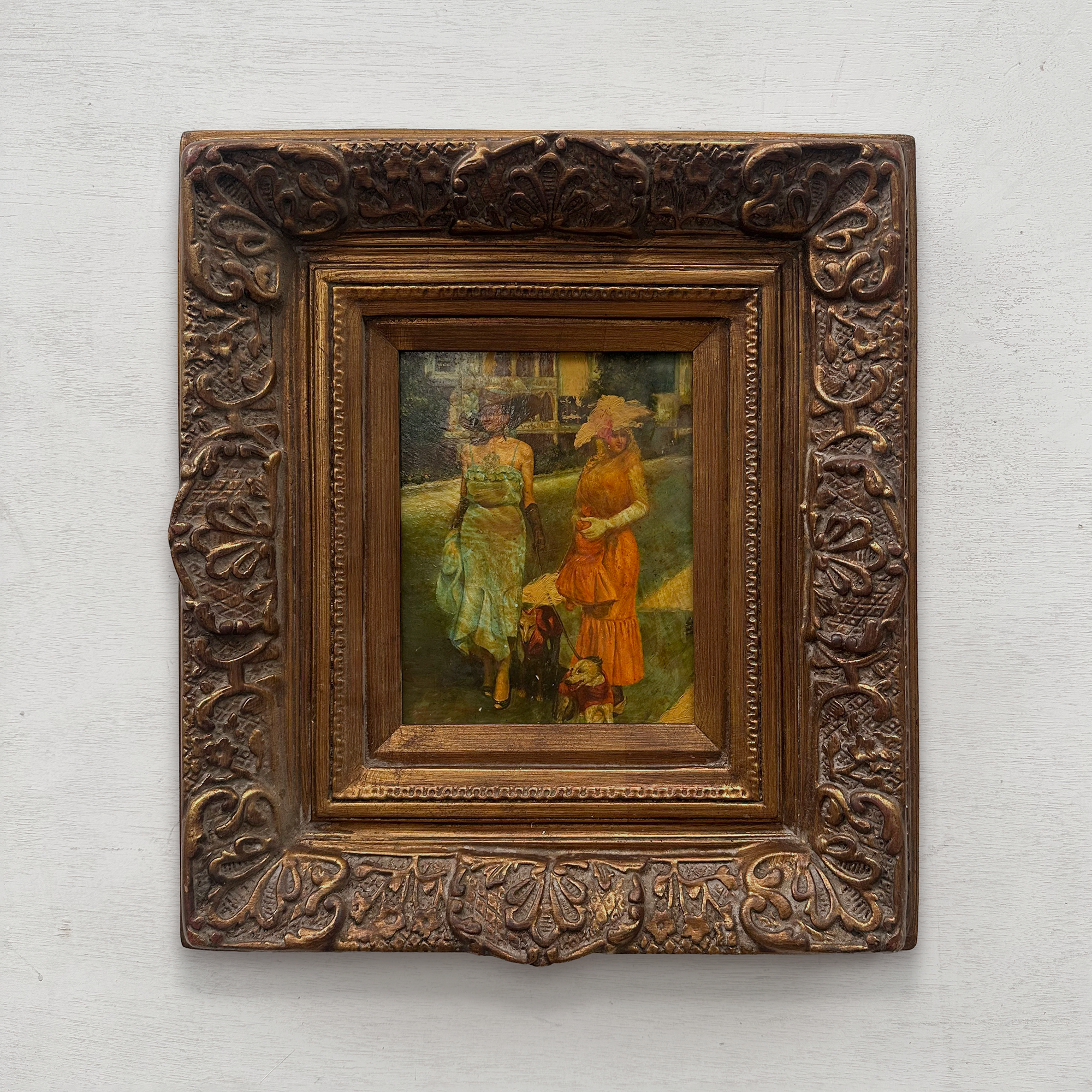Original Belle Epoque Ladies Walking Dogs Hand-Painted Oil Painting in Heavy Baroque Gold Frame