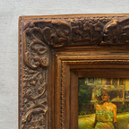 Original Belle Epoque Ladies Walking Dogs Hand-Painted Oil Painting in Heavy Baroque Gold Frame