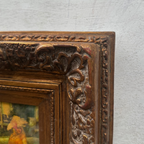 Original Belle Epoque Ladies Walking Dogs Hand-Painted Oil Painting in Heavy Baroque Gold Frame