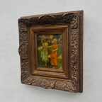 Original Belle Epoque Ladies Walking Dogs Hand-Painted Oil Painting in Heavy Baroque Gold Frame