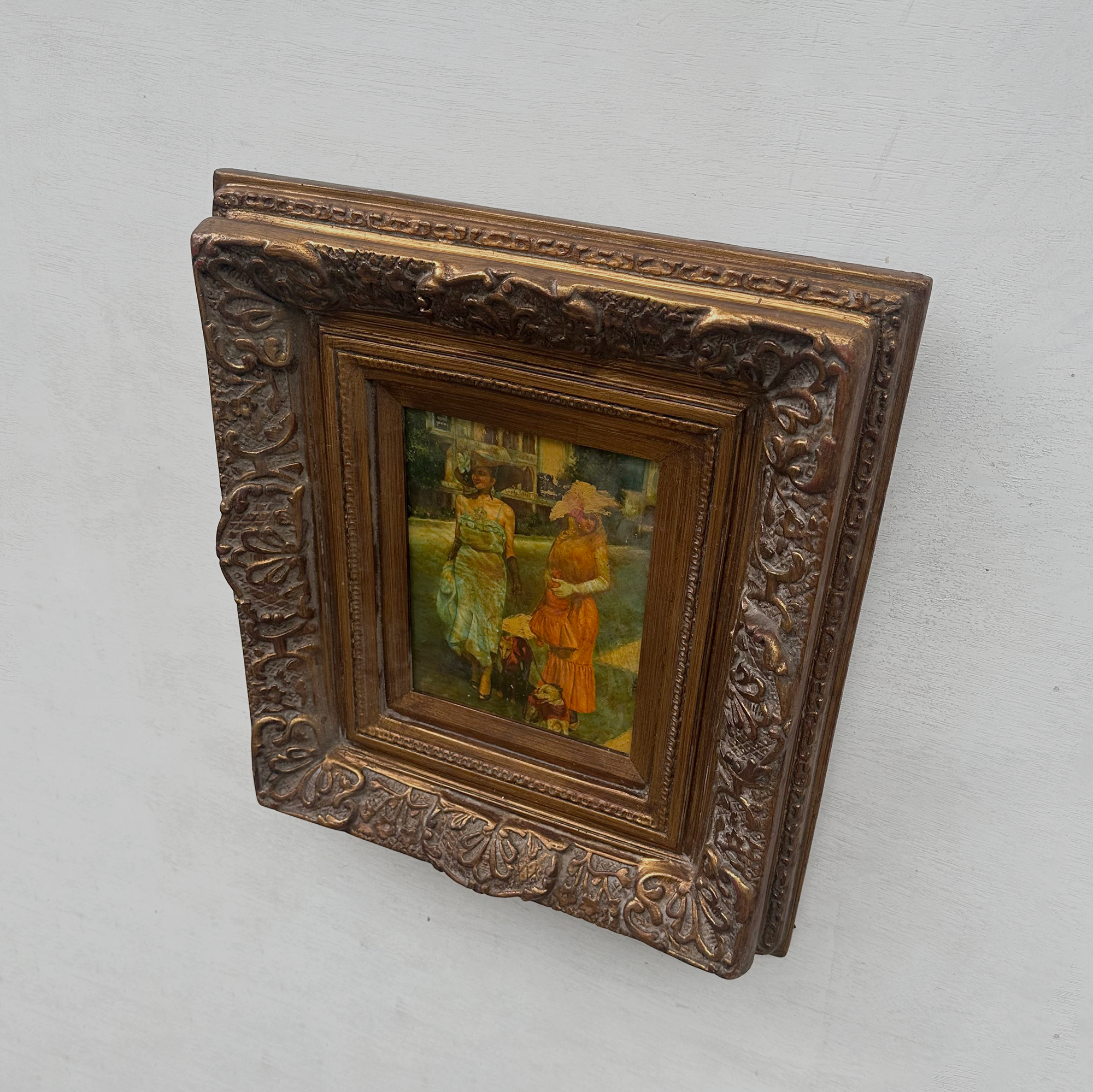 Original Belle Epoque Ladies Walking Dogs Hand-Painted Oil Painting in Heavy Baroque Gold Frame