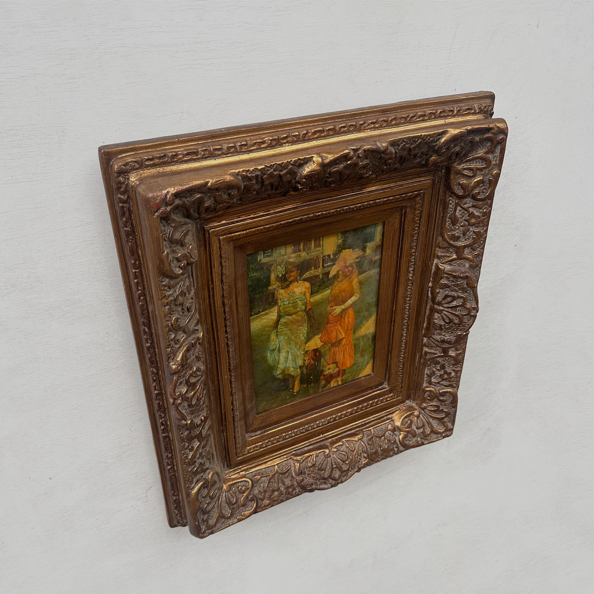 Original Belle Epoque Ladies Walking Dogs Hand-Painted Oil Painting in Heavy Baroque Gold Frame