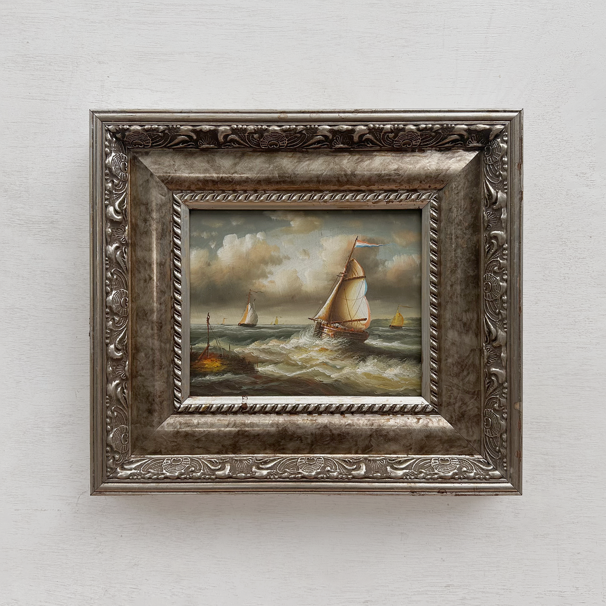 Original Hand-Painted Maritime Sailboat Seascape Oil Painting in Heavy Ornate Silver Frame (with Frame 42 × 37 cm)