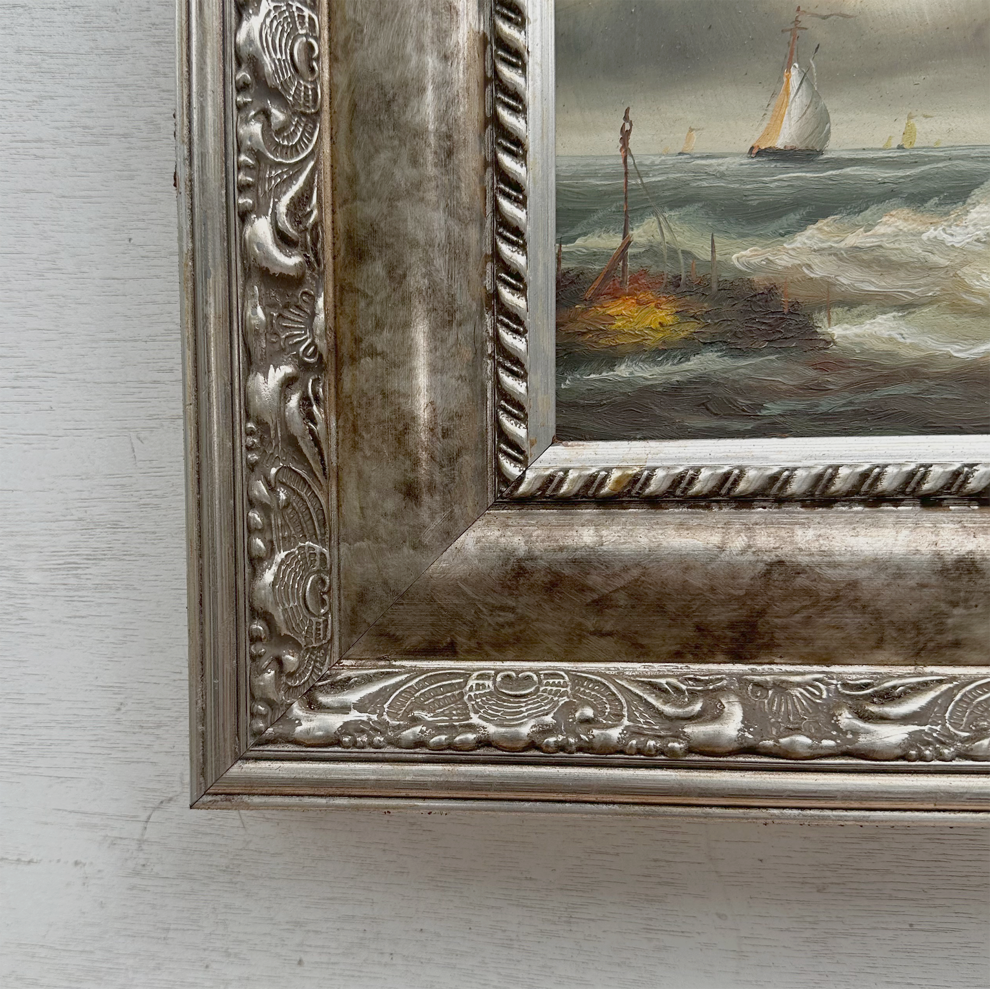 Original Hand-Painted Maritime Sailboat Seascape Oil Painting in Heavy Ornate Silver Frame (with Frame 42 × 37 cm)