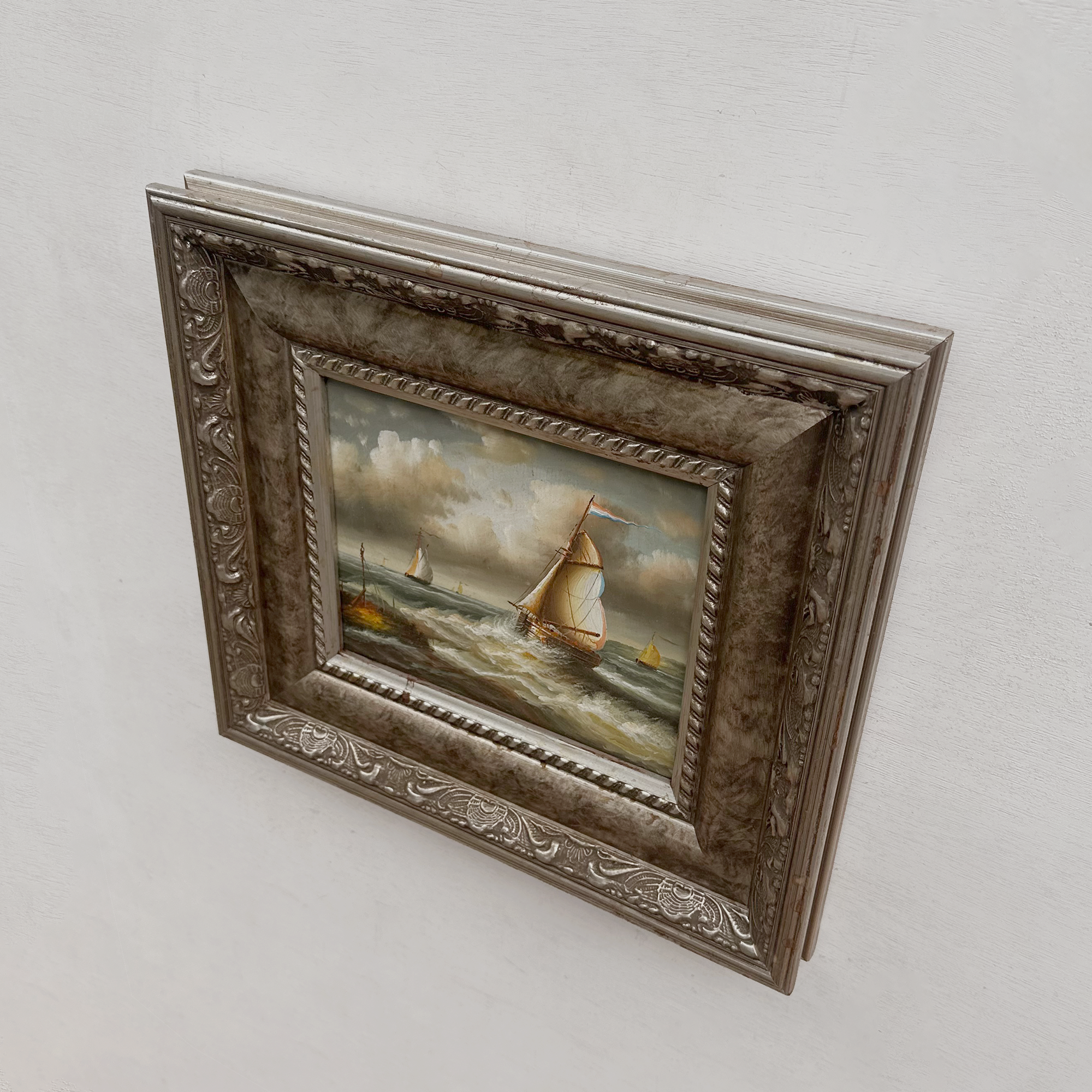 Original Hand-Painted Maritime Sailboat Seascape Oil Painting in Heavy Ornate Silver Frame (with Frame 42 × 37 cm)